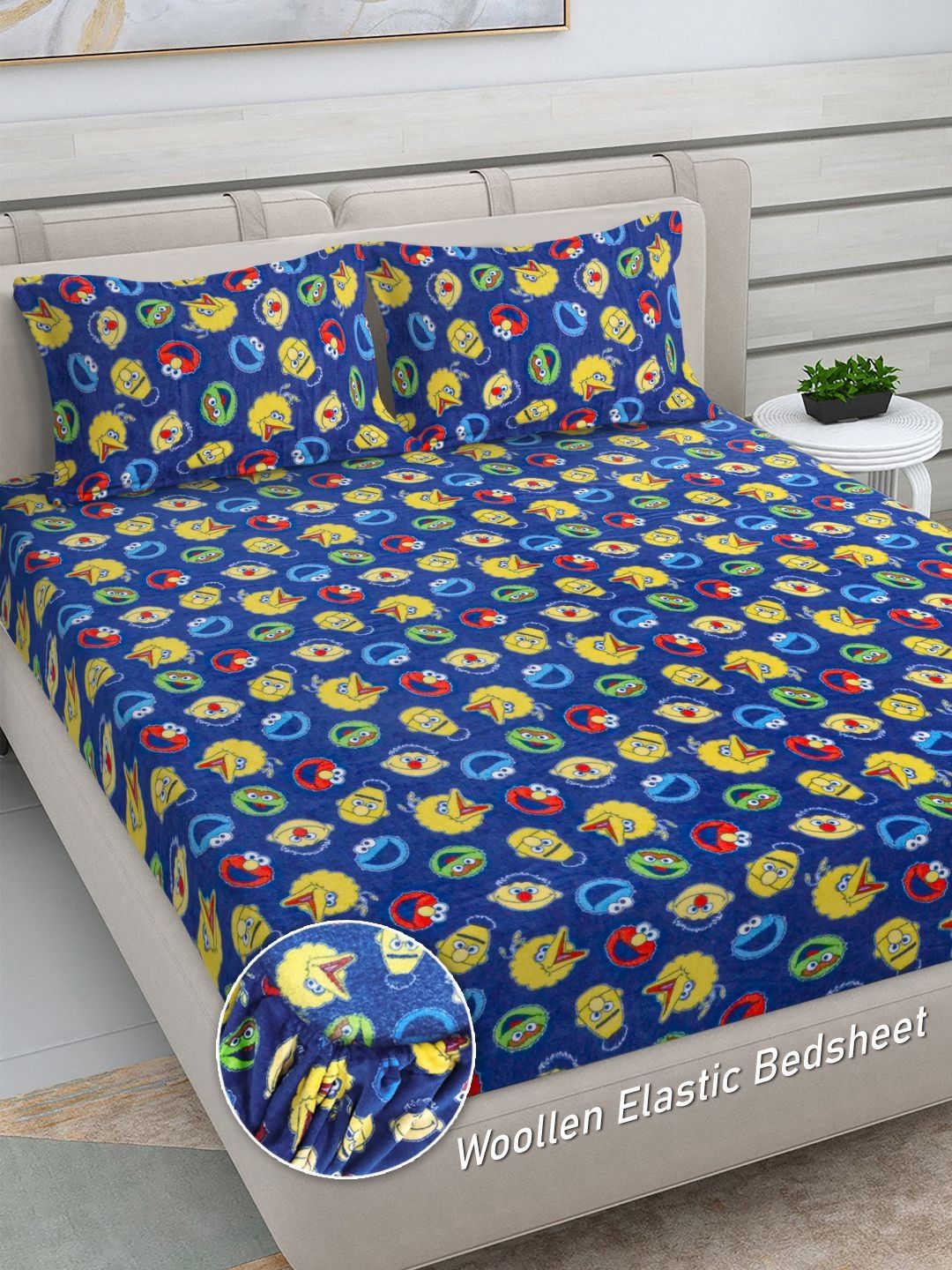 Myntra Elegant Homes Blue & Yellow Cartoon Characters 300 TC King Bedsheet with 2 Pillow Covers-picture-56
