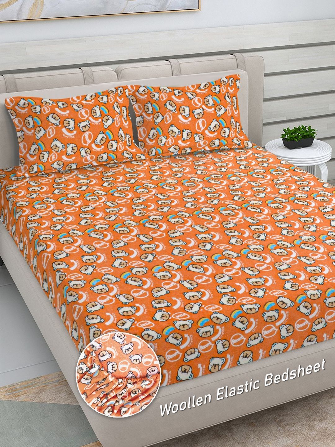 Myntra Elegant Homes Orange & White Printed 300TC Woolen King Bedsheet Set 2.50 m x 2.25 m-picture-52