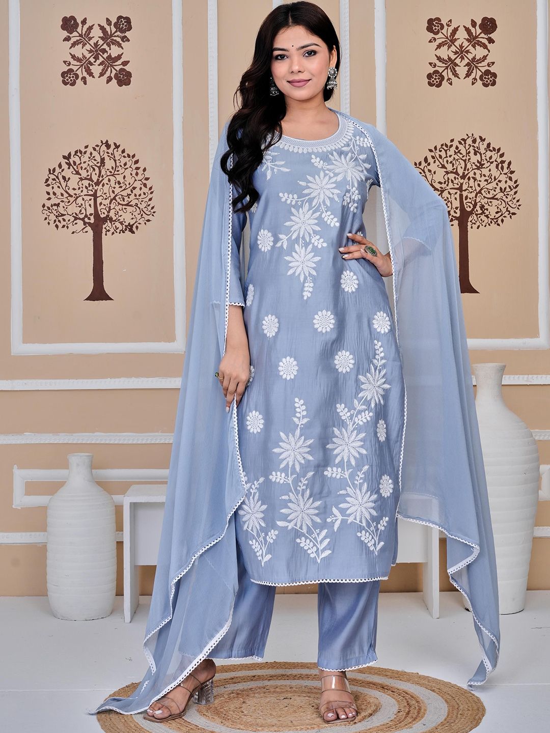 SIGNORIA Floral Embroidered Thread Work Pure Cotton Kurta with Trousers & With Dupatta