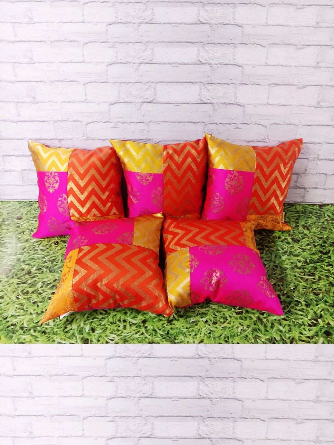 Pink Parrot Red & Yellow Set of 5 Ethnic Motifs Square Cushion Covers-picture-21