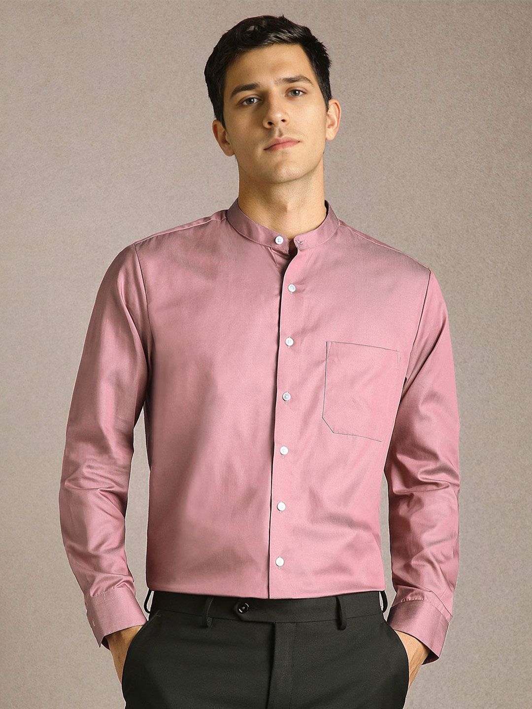 Louis Philippe Men Solid Band Collar Pure Cotton Formal Shirt-picture-25