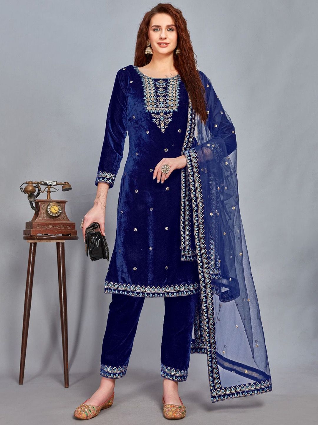 WAZIX Clothing Floral Embroidered Velvet Sequinned Straight Kurta With Trousers & Dupatta