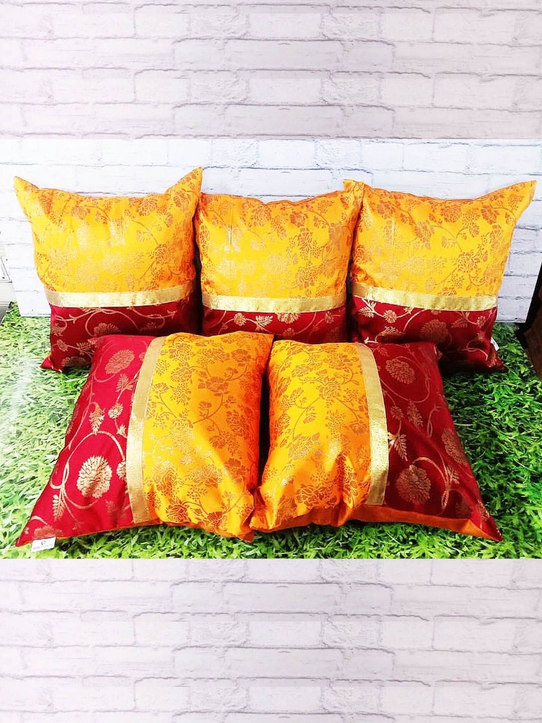 Pink Parrot Red & Yellow 5 Pieces Ethnic Motifs Jacquard Silk Square Cushion Covers-picture-14