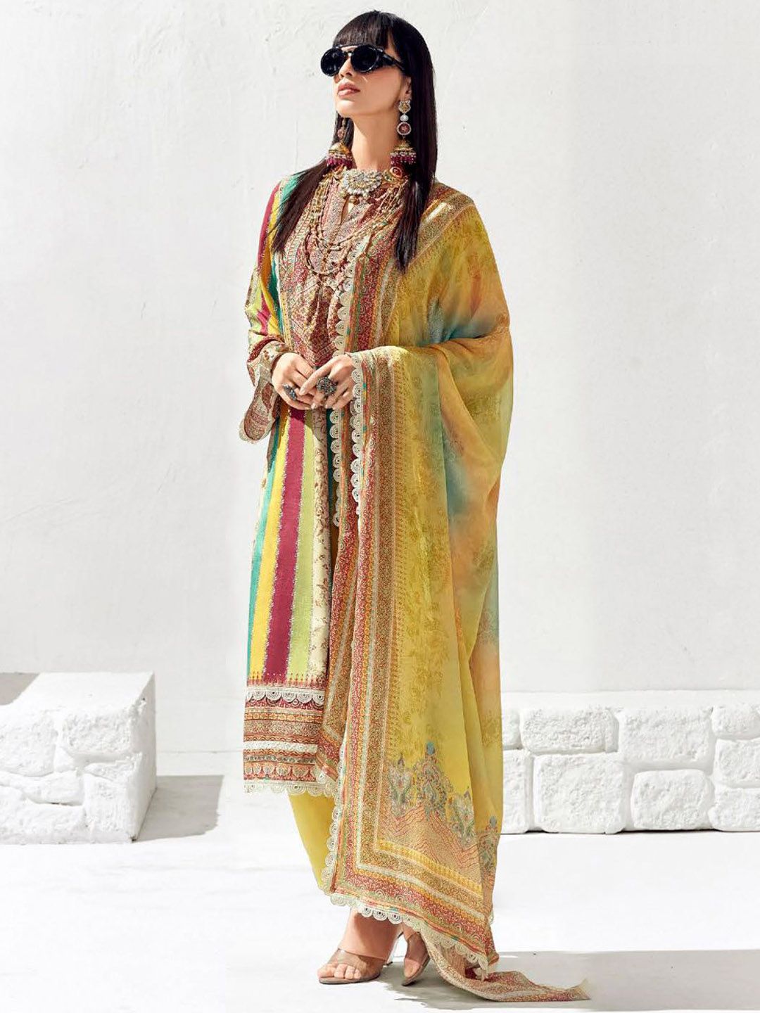 Anouk Floral Printed Round Neck Straight Kurta With Trousers & Dupatta
