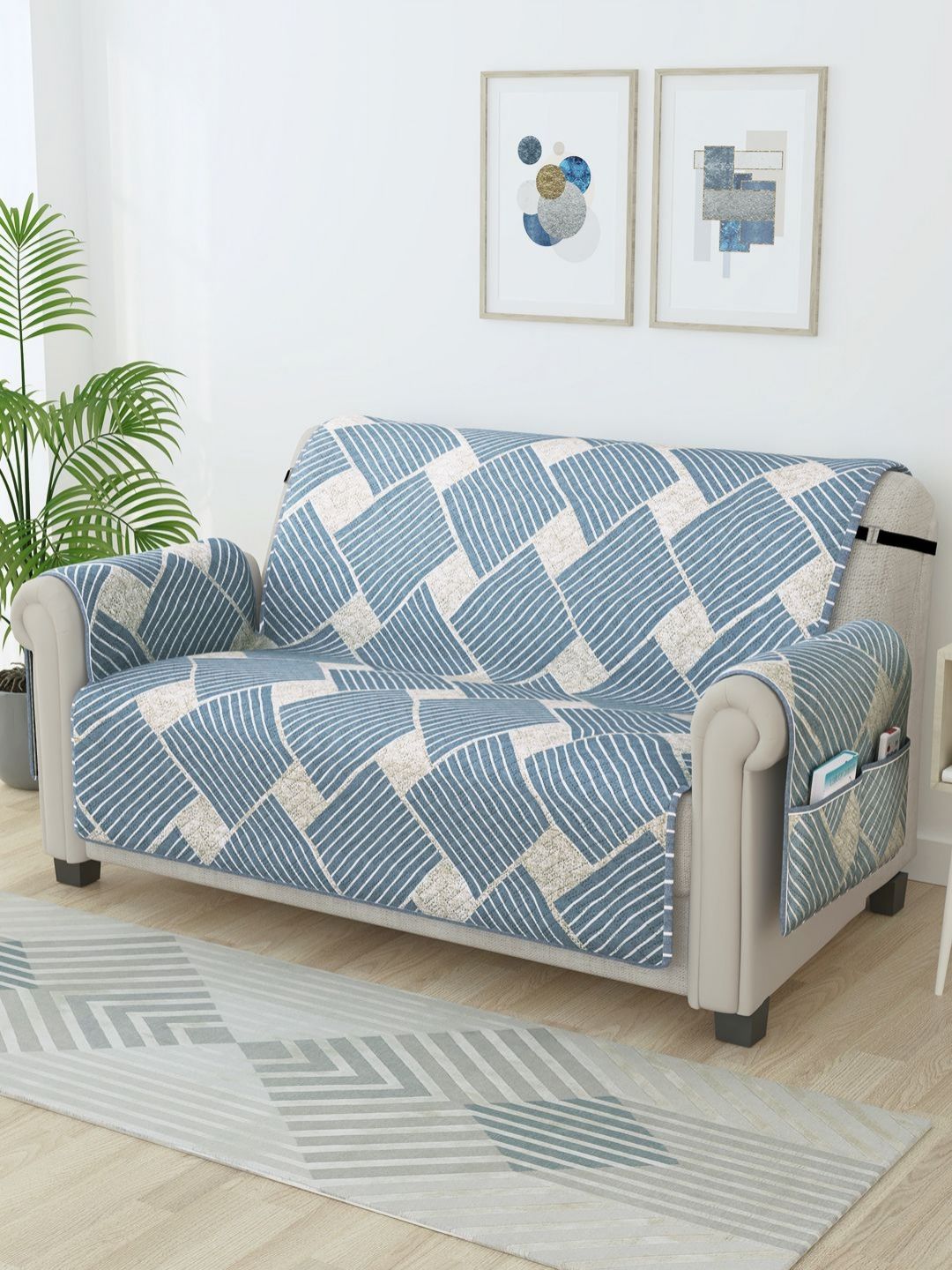 Story@home Grey & White Printed Microfiber 2 Seater Sofa Cover With Arms-image-23