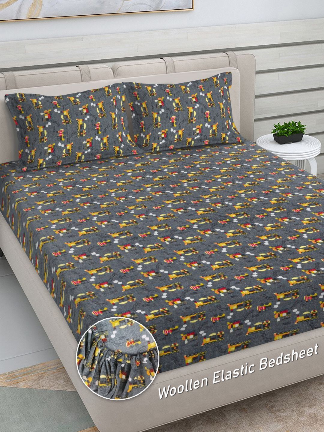 Myntra Elegant Homes Grey & Yellow Cartoon Characters 300 TC King Bedsheet with 2 Pillow Covers-picture-20