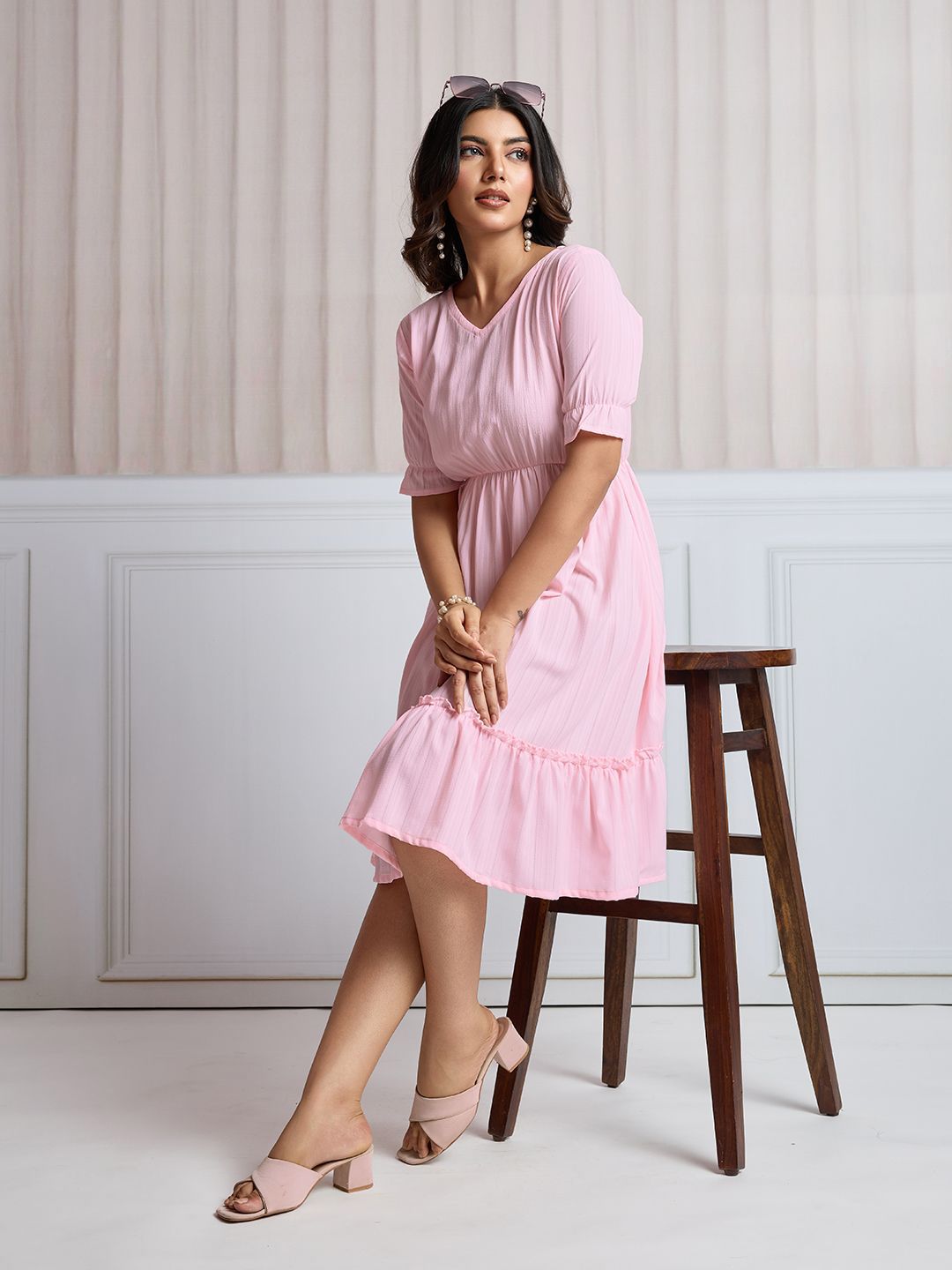 CLOTHING CLOSET Women Solid Puff Sleeve Fit & Flare Midi Dress