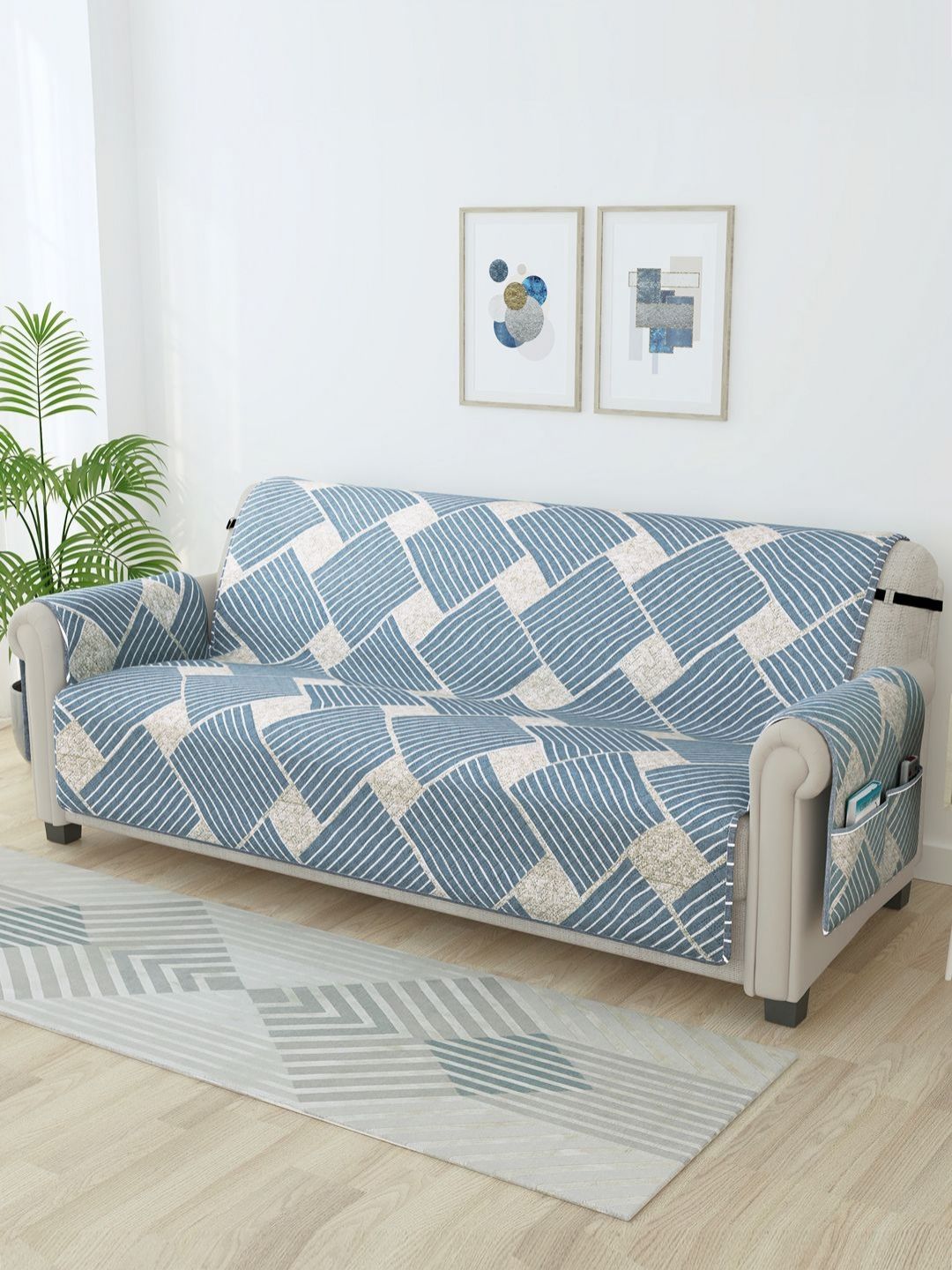 Story@home Grey & White Printed Microfiber 3 Seater Sofa Cover With Arms