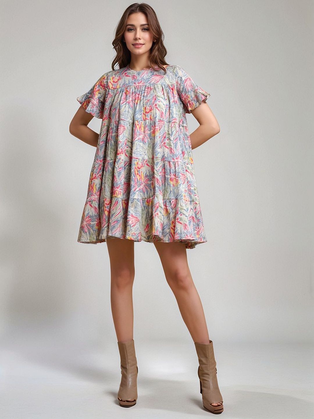 DressBerry Women Floral Printed Flutter Sleeve Fit & Flare Dress-picture-20