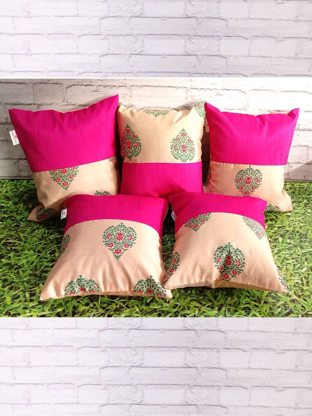 Pink Parrot Pink & Green Set of 5 Ethnic Motifs Square Cushion Covers-picture-20