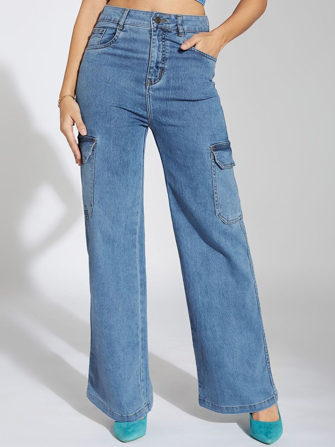 Life With Pockets Women Wide Leg High-Rise Stretchable Cargo Style Denim Jeans-picture-20