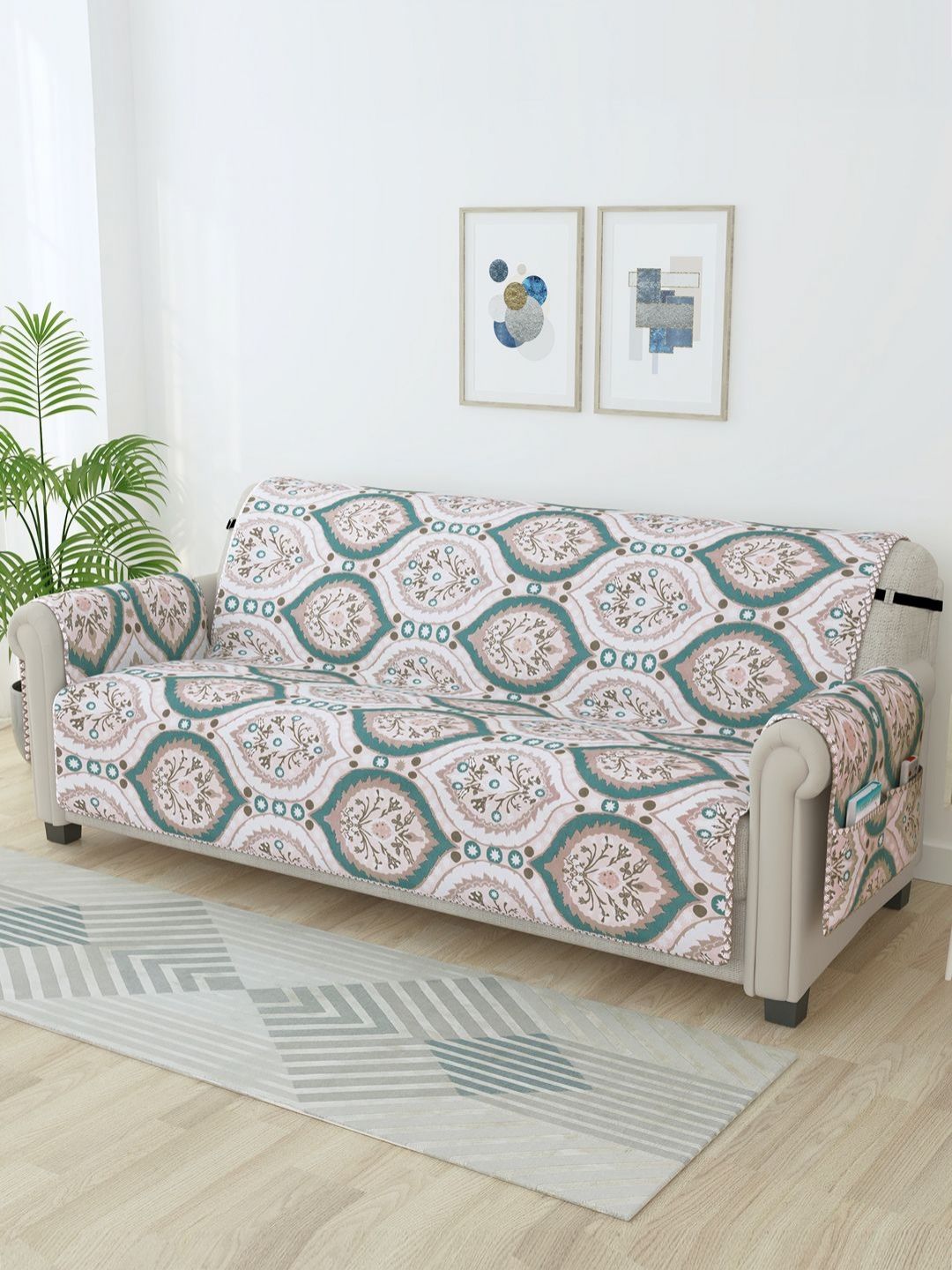 Story@home Cream-Coloured & Green Printed Microfiber 3 Seater Sofa Cover With Arms