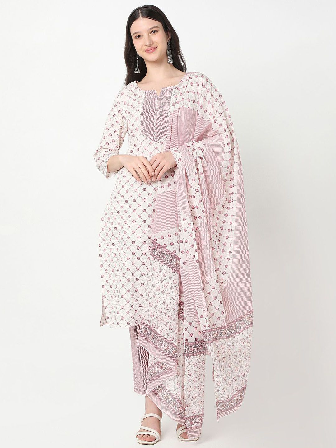 R&B Floral Printed Pure Cotton Kurta With Trousers & Dupatta