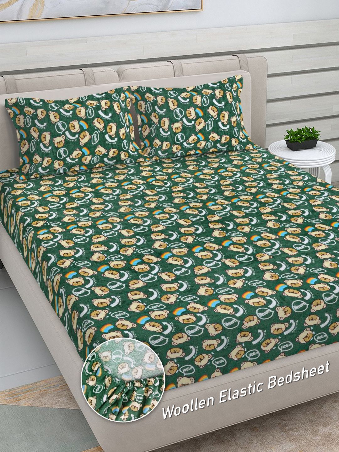 Myntra Elegant Homes Green & White Cartoon Characters 300 TC King Bedsheet with 2 Pillow Covers-picture-12