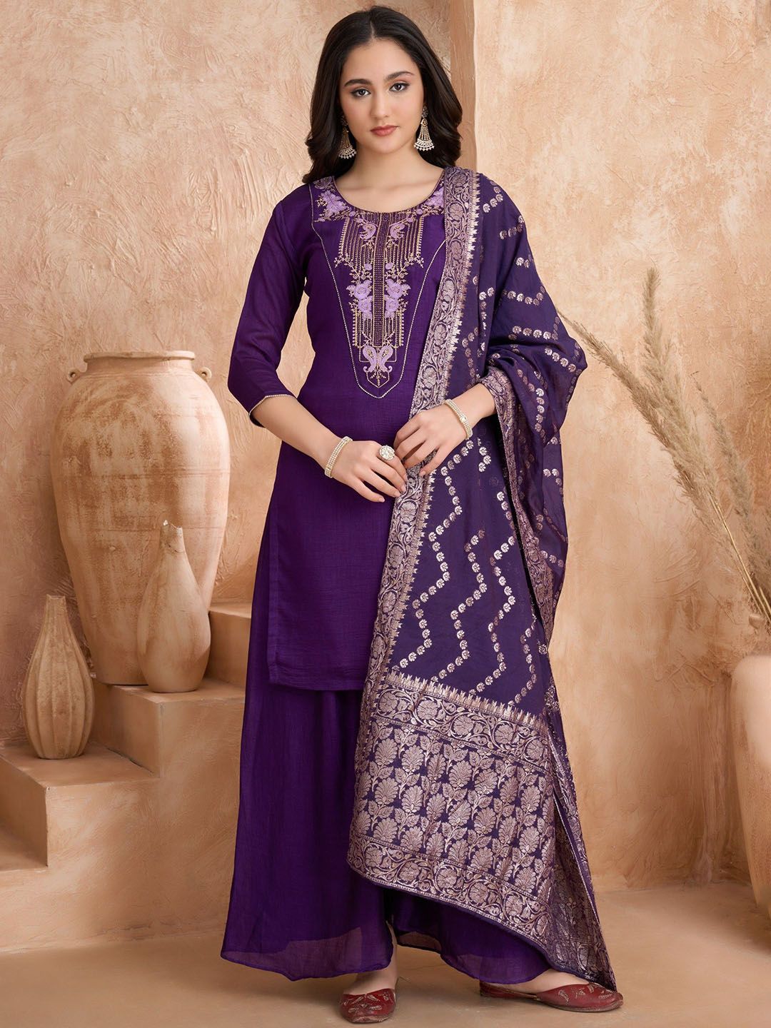 Aumira Floral Embroidered Thread Work Straight Kurti With Palazzos & Dupatta