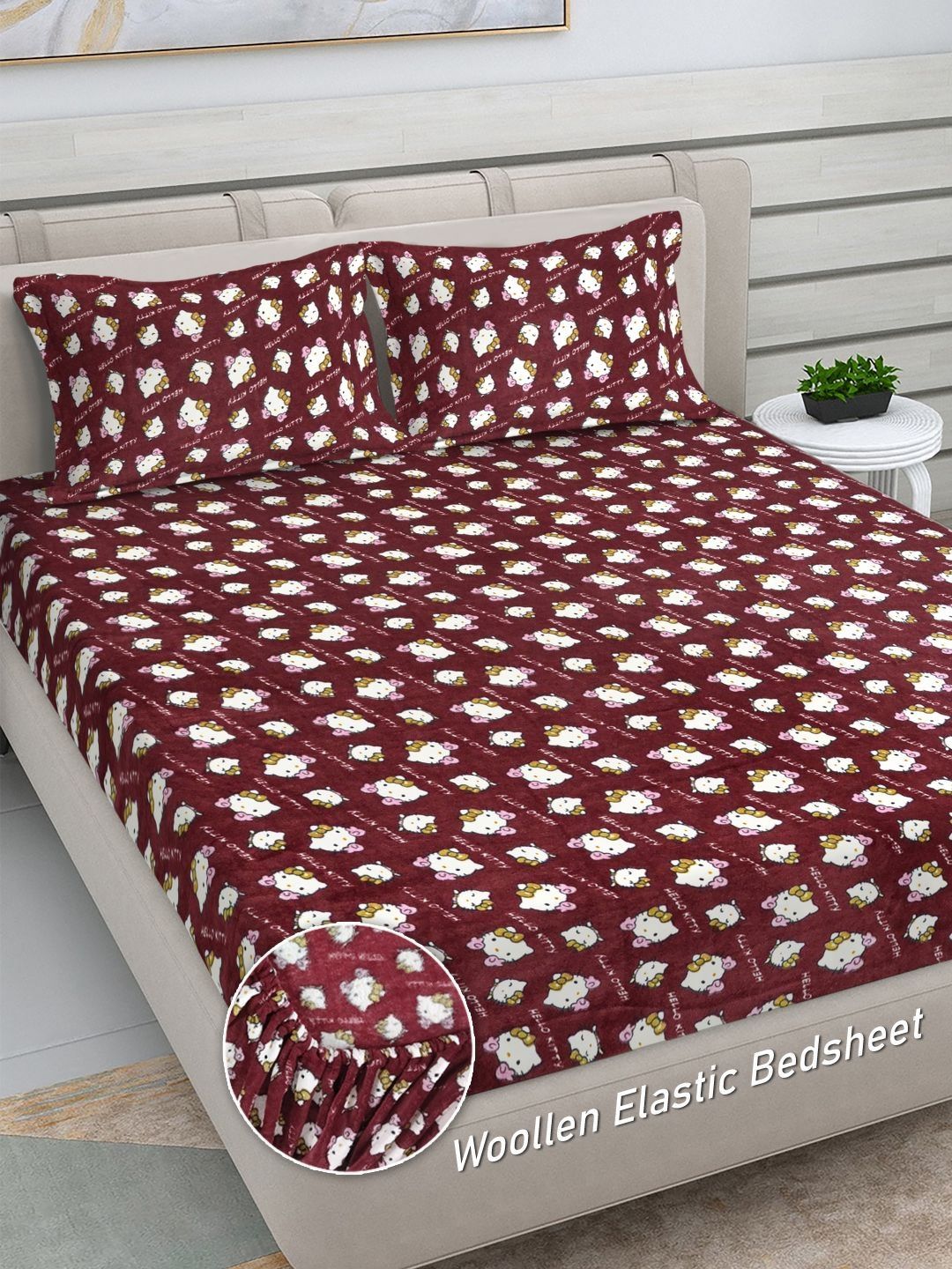Myntra Elegant Homes Maroon & White Cartoon Characters 300 TC King Bedsheet with 2 Pillow Covers-picture-27
