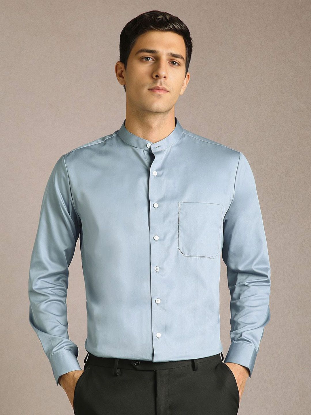 Louis Philippe Men Solid Band Collar Pure Cotton Formal Shirt-picture-18