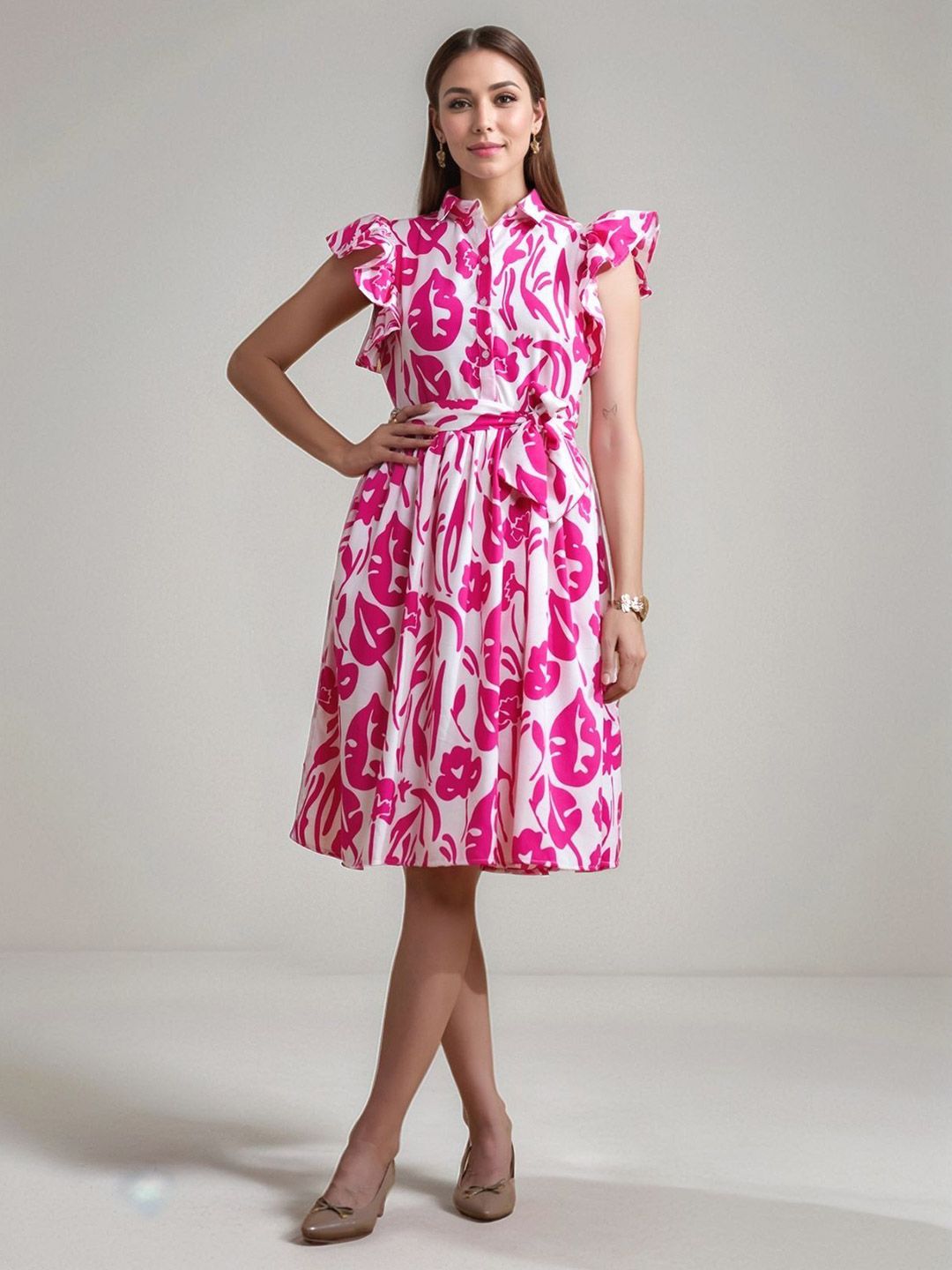 DressBerry Women Tropical Printed Belted Flutter Sleeve Shirt Dress-picture-25