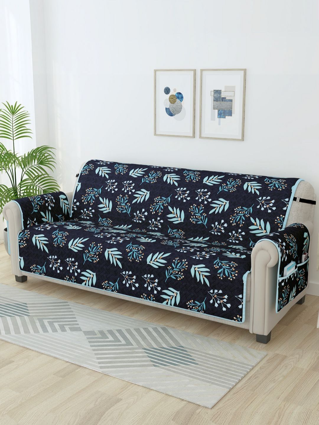 Story@home Navy Blue & Orange Printed Microfiber 3 Seater Sofa Cover With Arms-image-1