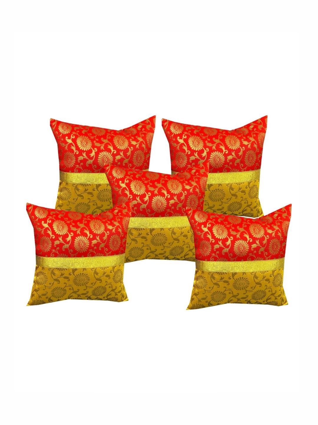 Pink Parrot Red & Yellow 5 Pieces Printed Zari Jacquard Silk Square Cushion Covers-picture-13