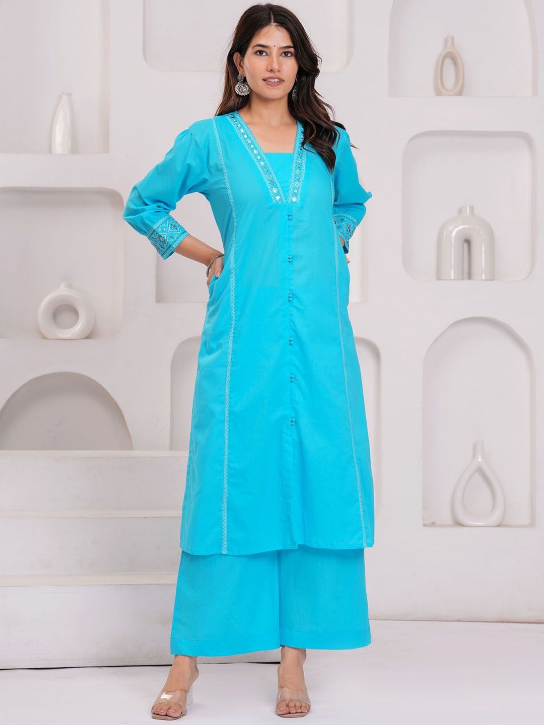 KALINI Women Solid Yoke Design Cotton Kurta with Palazzo