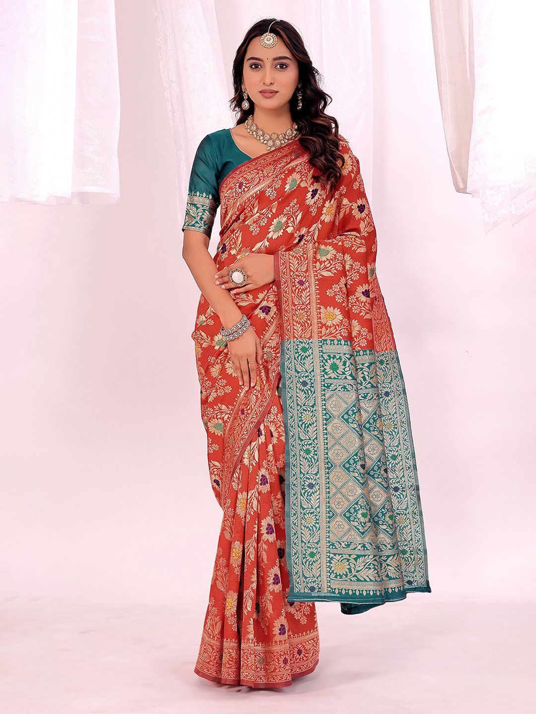 KALINI Floral Woven Design Zari Silk Cotton Kanjeevaram Saree With Blouse Piece-picture-34