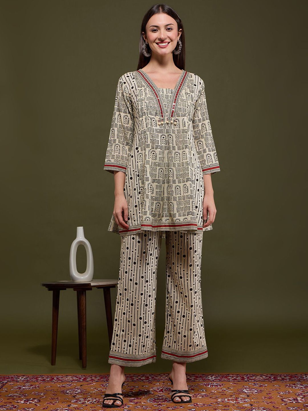 FASHOR Ethnic Motifs Printed Panelled Mirror Work Pure Cotton Kurti With Palazzos