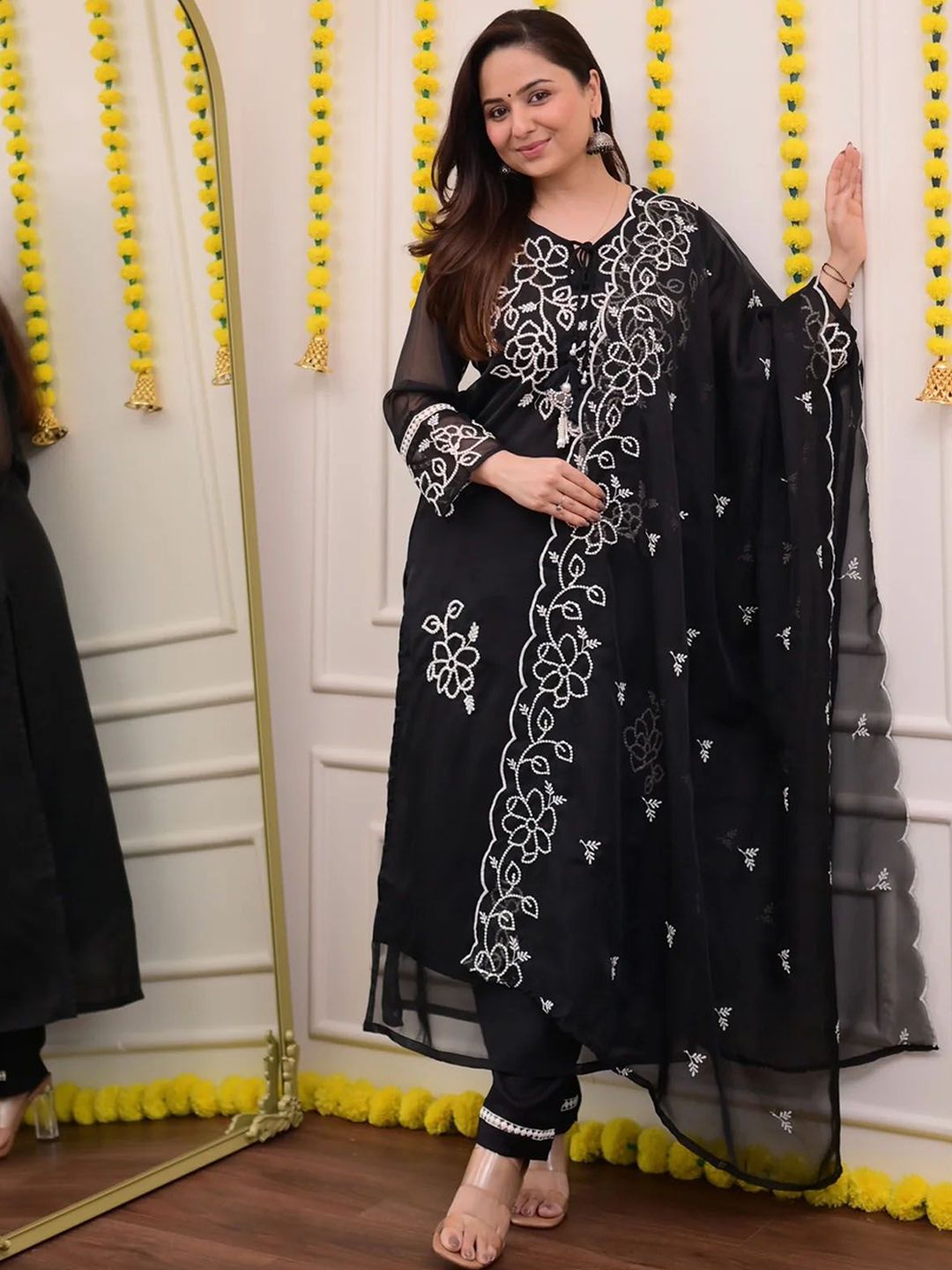 Vastukala Floral Embroidered Georgette Thread Work Straight Kurta With Trousers & Dupatta