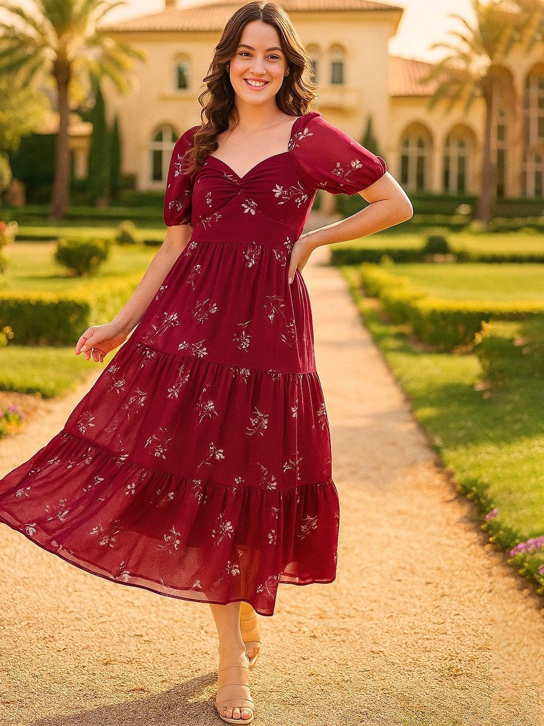 DressBerry Women Floral Print Puff Sleeve Georgette Empire Maxi Dress-picture-20