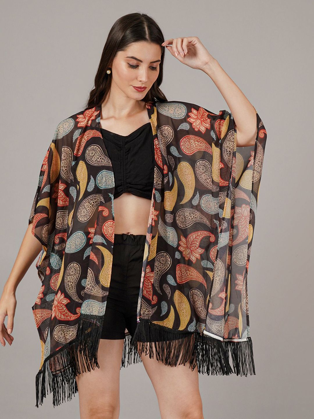 ARV TRENDS Printed Waterfall V-Neck Short Sleeves Kimono Shrug-image-41