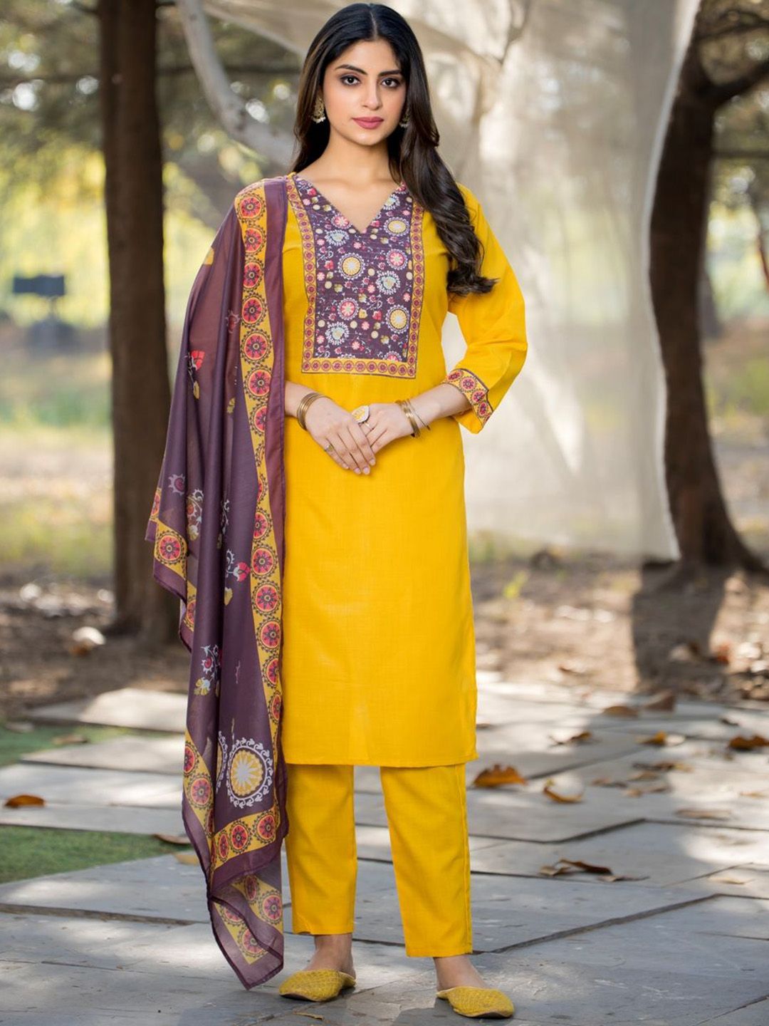 Vastukala Women Ethnic Motifs Yoke Design Cotton Kurta with Trousers & Dupatta