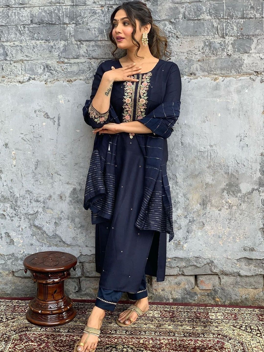 Moda Rapido Embroidered Sequinned Chanderi Silk Straight Kurta With Trousers & Dupatta