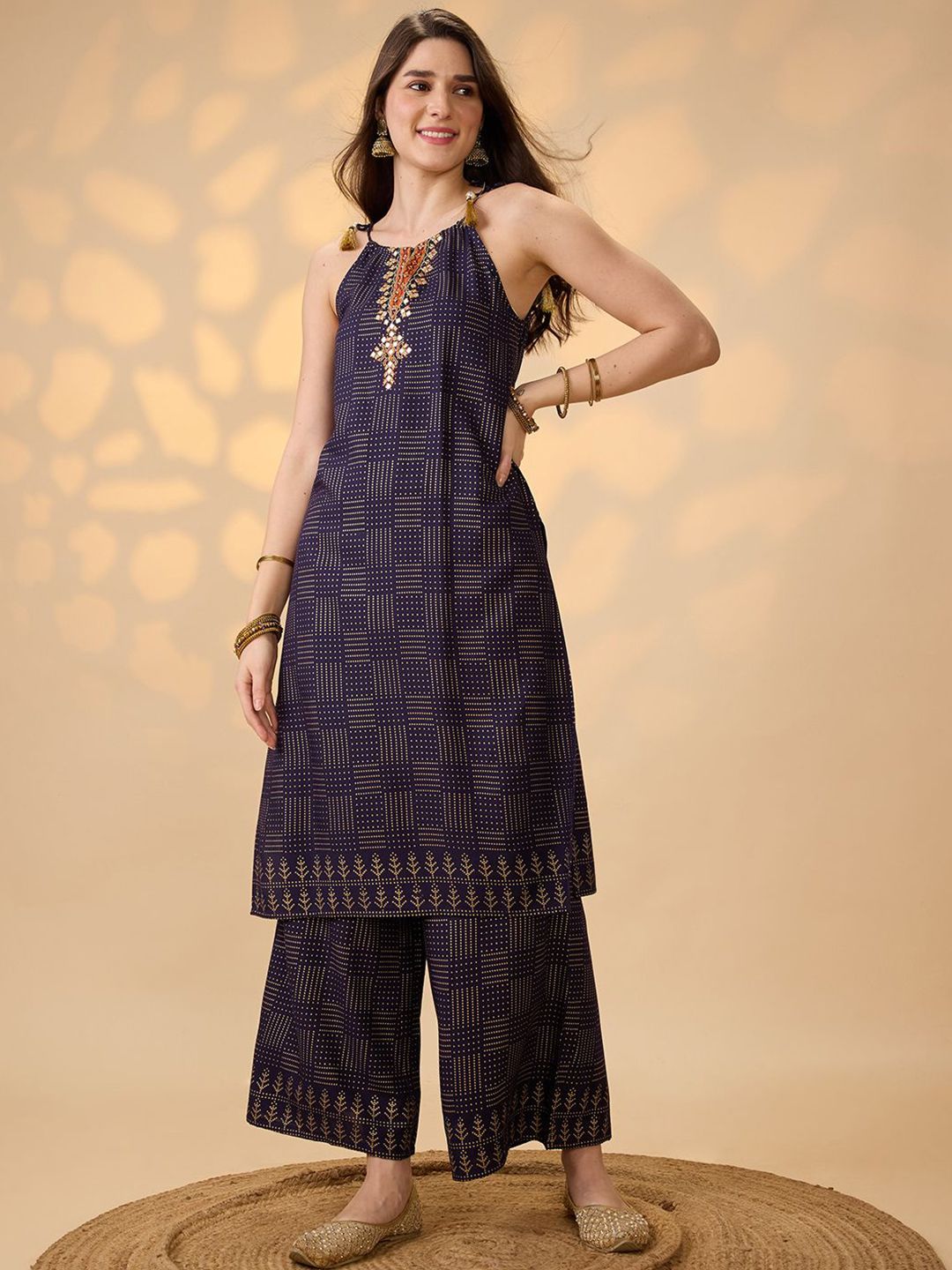 Globus Polka Dots Printed Halter Neck Mirror Work Kurta With Palazzo