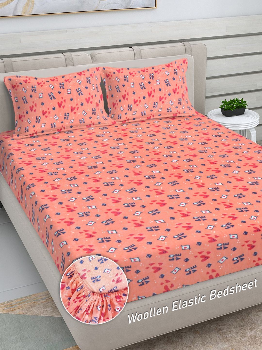Myntra Elegant Homes Peach-Coloured & White 300 TC King Bedsheet with 2 Pillow Covers-picture-30