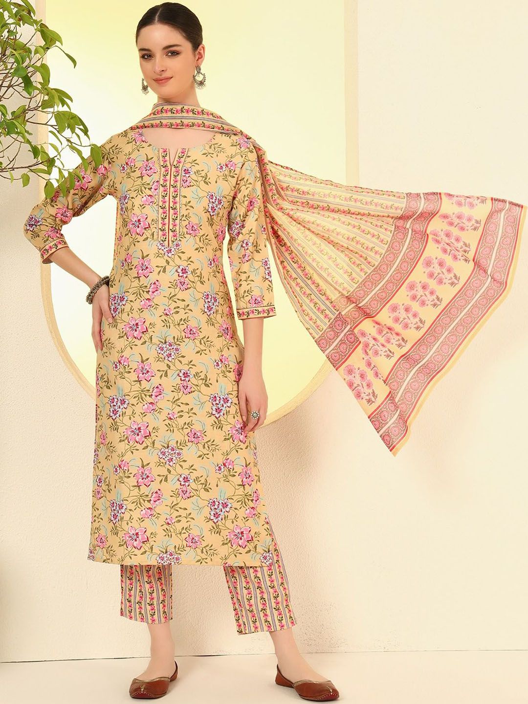 KALINI Floral Printed Gotta Patti Straight Kurta With Trouser & Dupatta