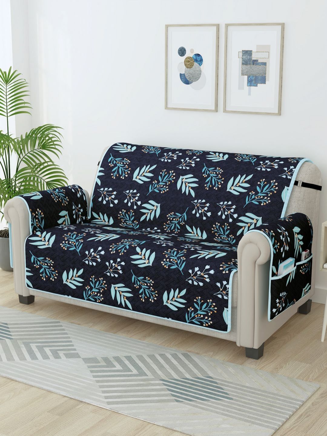 Story@home Navy Blue & Turquoise Blue Printed Microfiber 2 Seater Sofa Cover With Arms-image-48