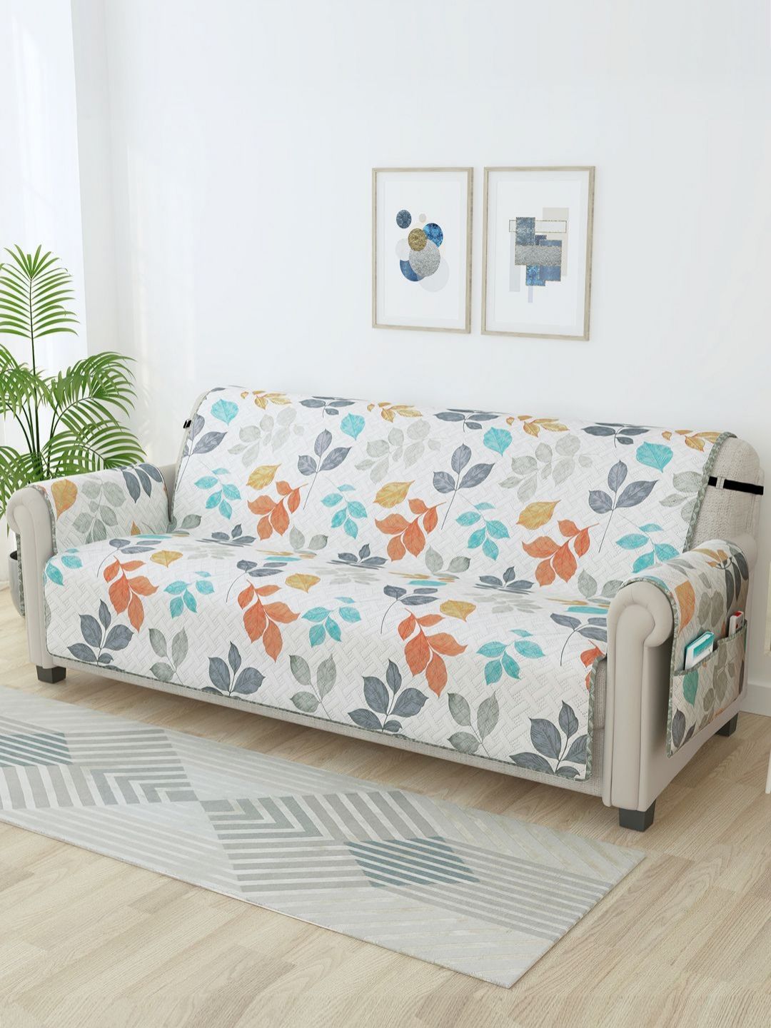 Story@home White & Grey Printed Microfiber 3 Seater Sofa Cover With Arms-picture-42