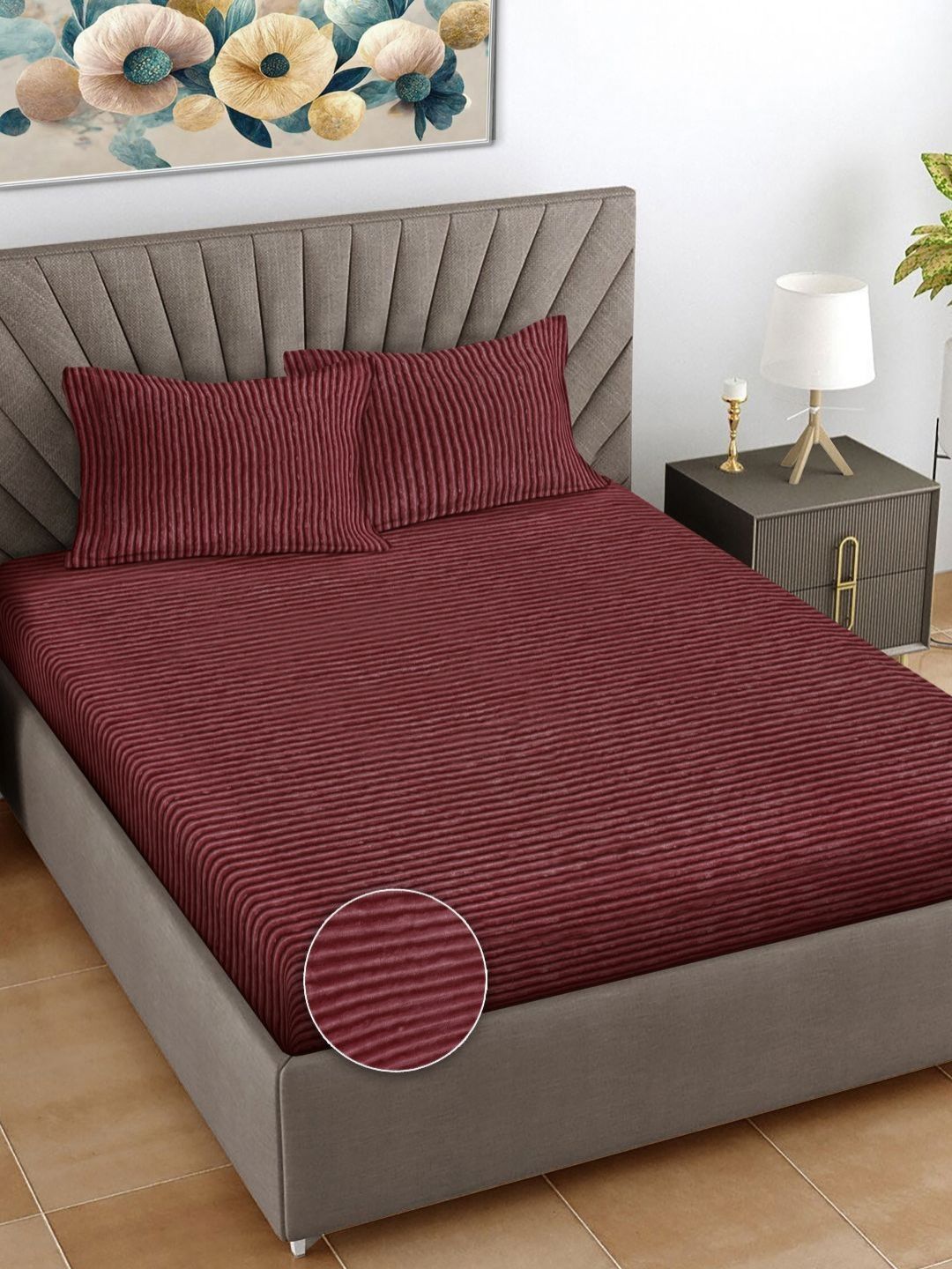 Myntra Elegant Homes Maroon Striped Woollen 300 TC Fitted King Bedsheet Set-2.5mX2.25m-image-42