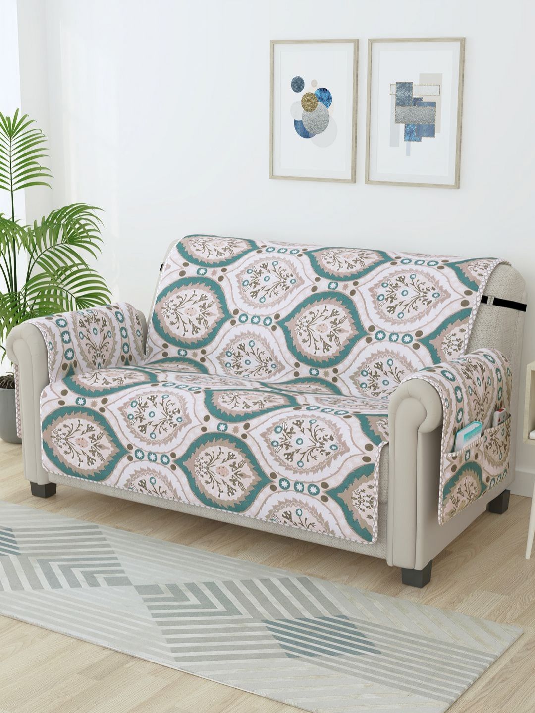 Story@home Cream-Coloured & Green Printed Microfiber 2 Seater Sofa Cover With Arms