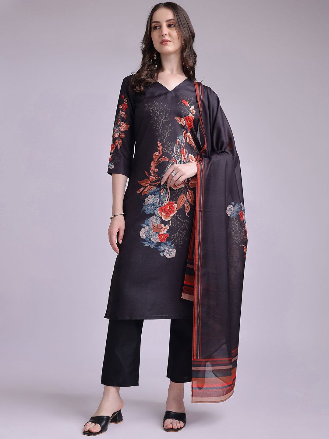 Anouk Floral Printed Straight Kurta With Trousers & Dupatta