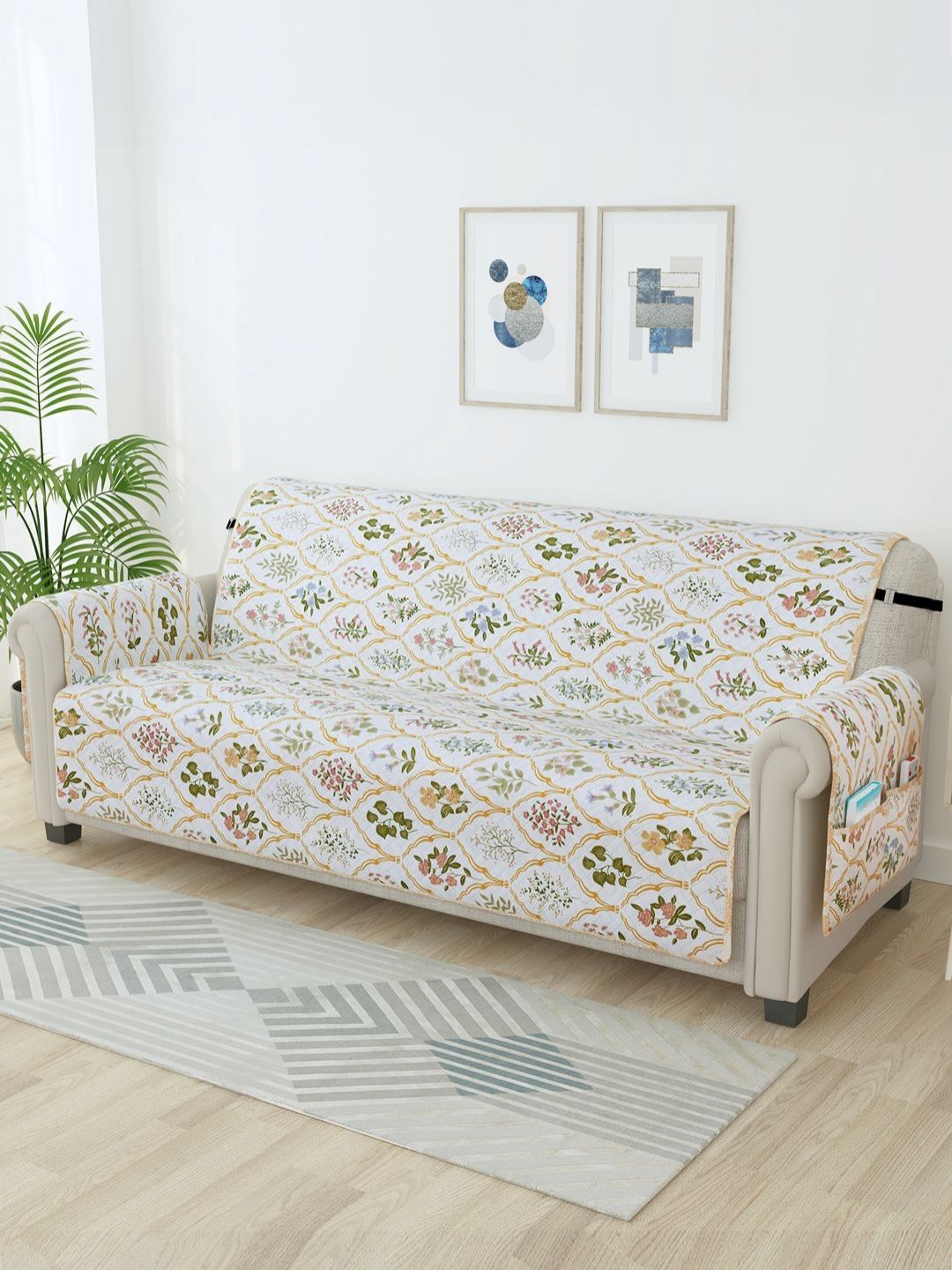 Story@home Beige & Green Printed Microfiber 3 Seater Sofa Cover With Arms