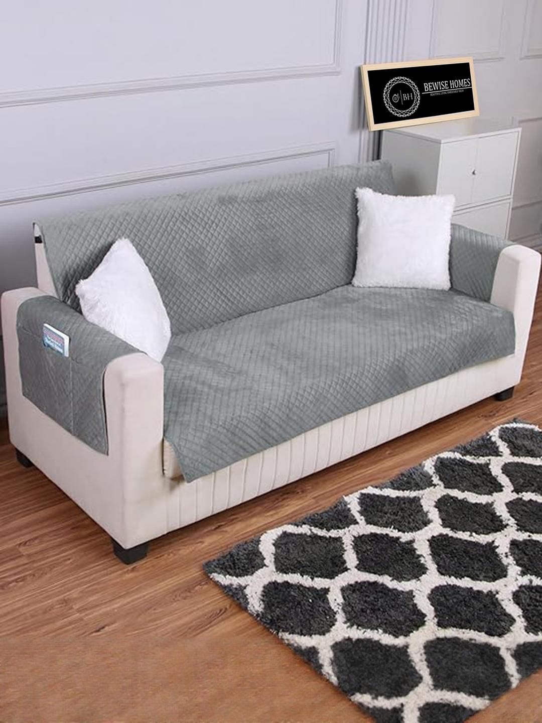 BEWISE HOMES Grey Solid Velvet Sofa Cover With Arms-image-45