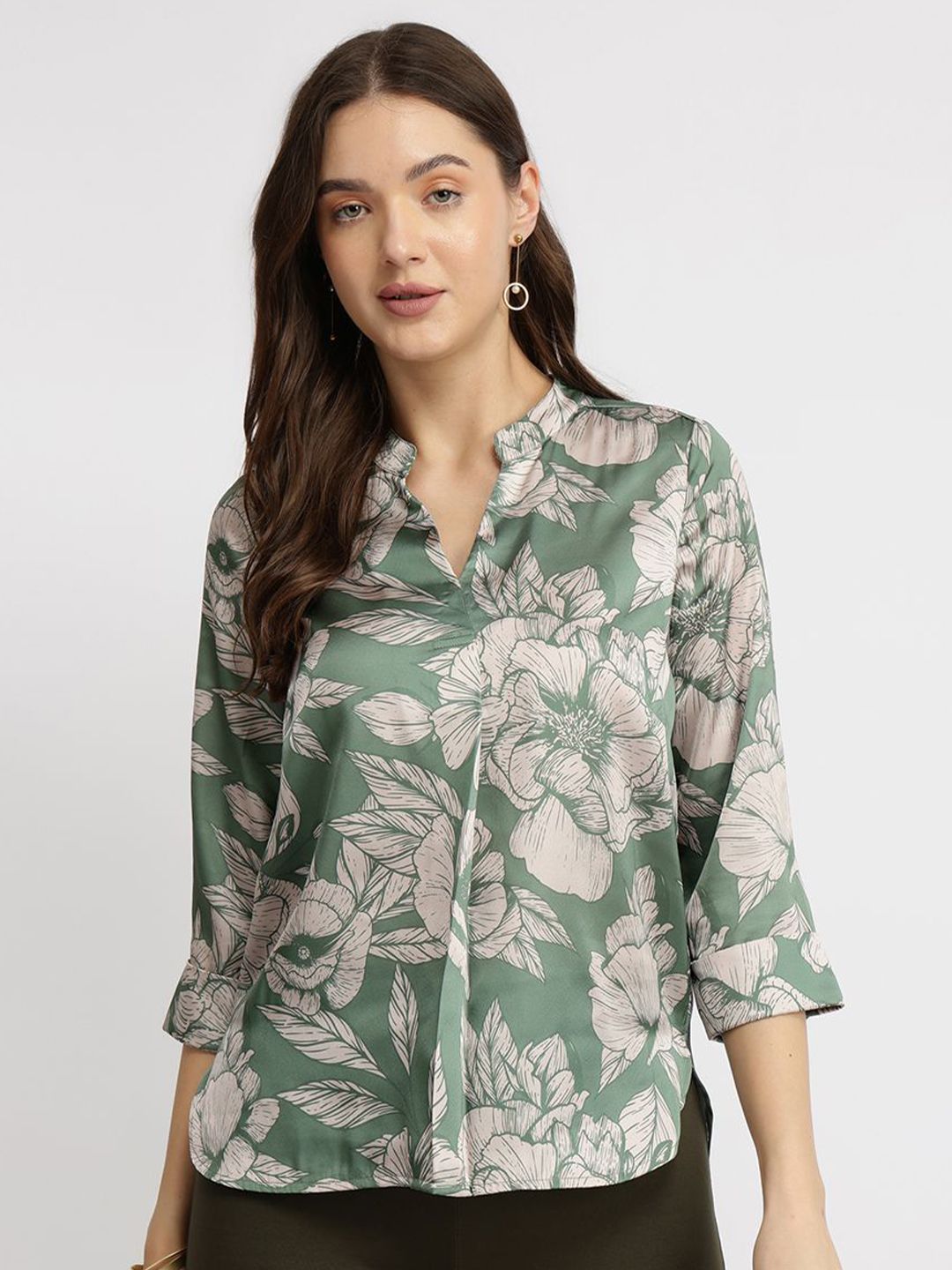 fable street FableStreet Women Floral Print Mandarin Collar Satin Top-picture-38