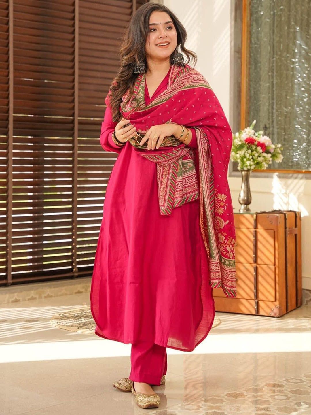 Moda Rapido Women Shirt Collar Regular Kurta & Trousers With Printed Dupatta