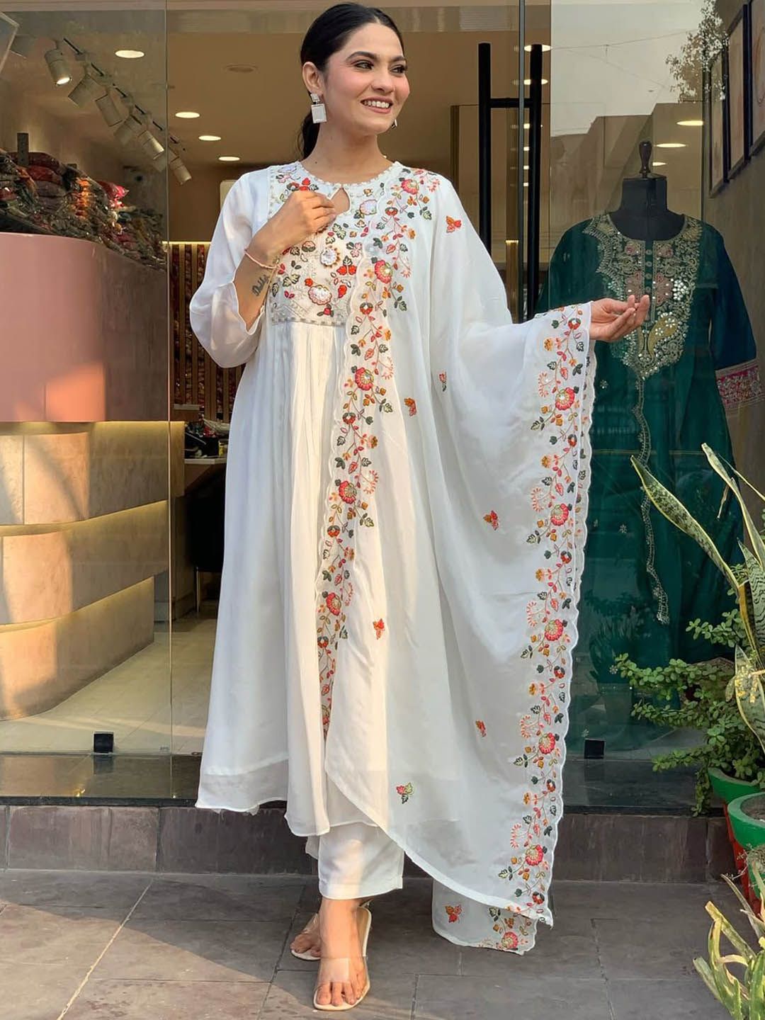 Moda Rapido Women Floral Embroidered Anarkali Kurta with Trousers & Dupatta