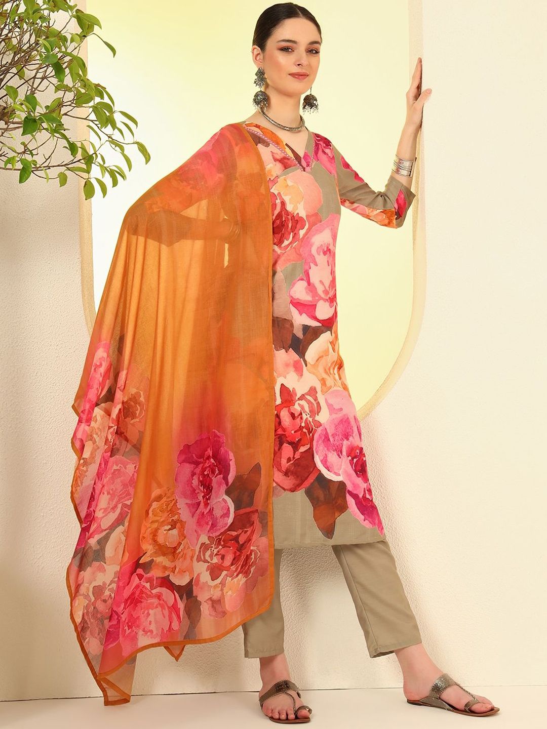 KALINI Women Floral Printed Regular Mirror Work Kurta with Trousers & With Dupatta