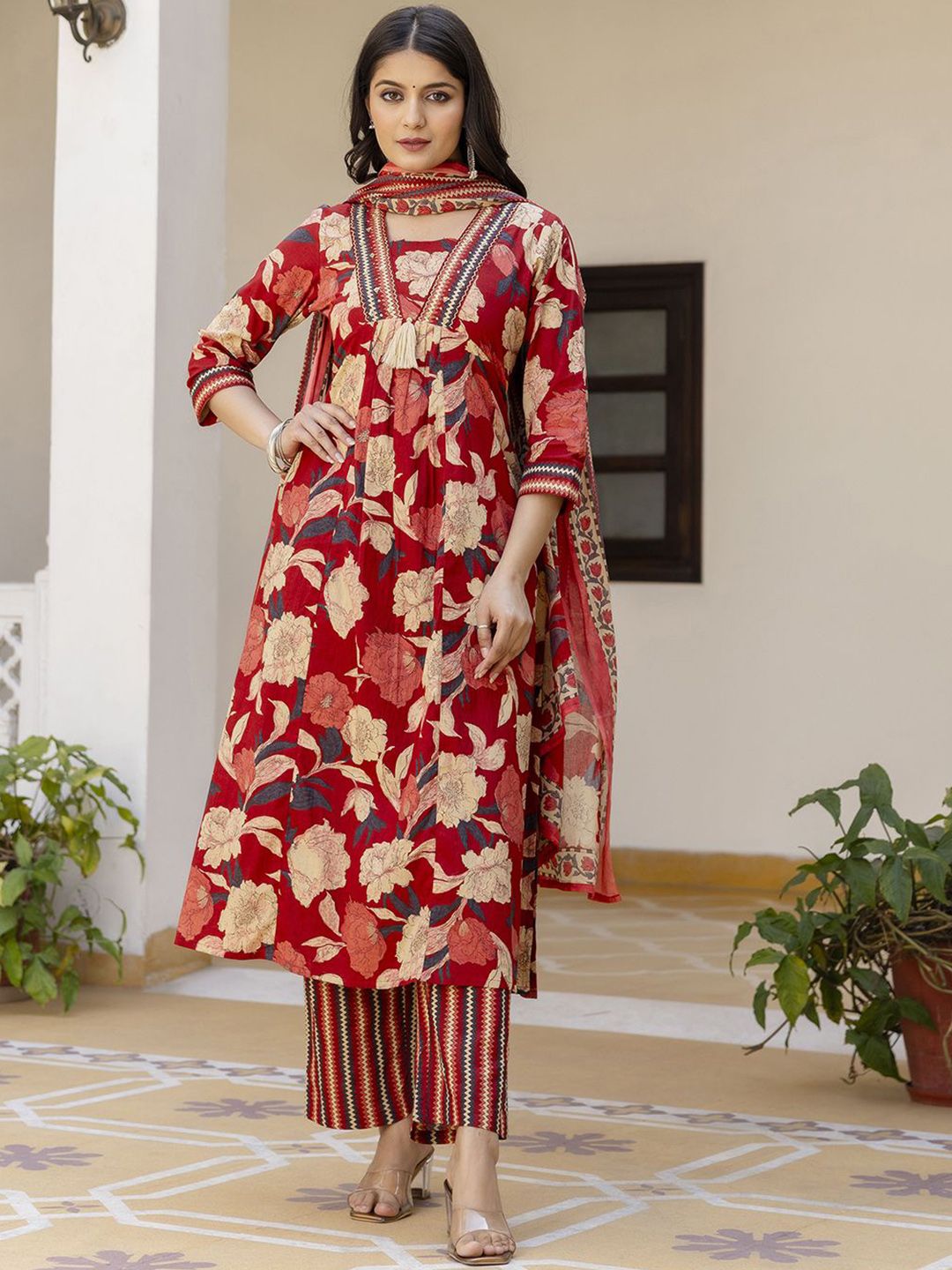 ERISHA Women Floral Printed Cotton A-Line Kurta with Palazzo & Dupatta