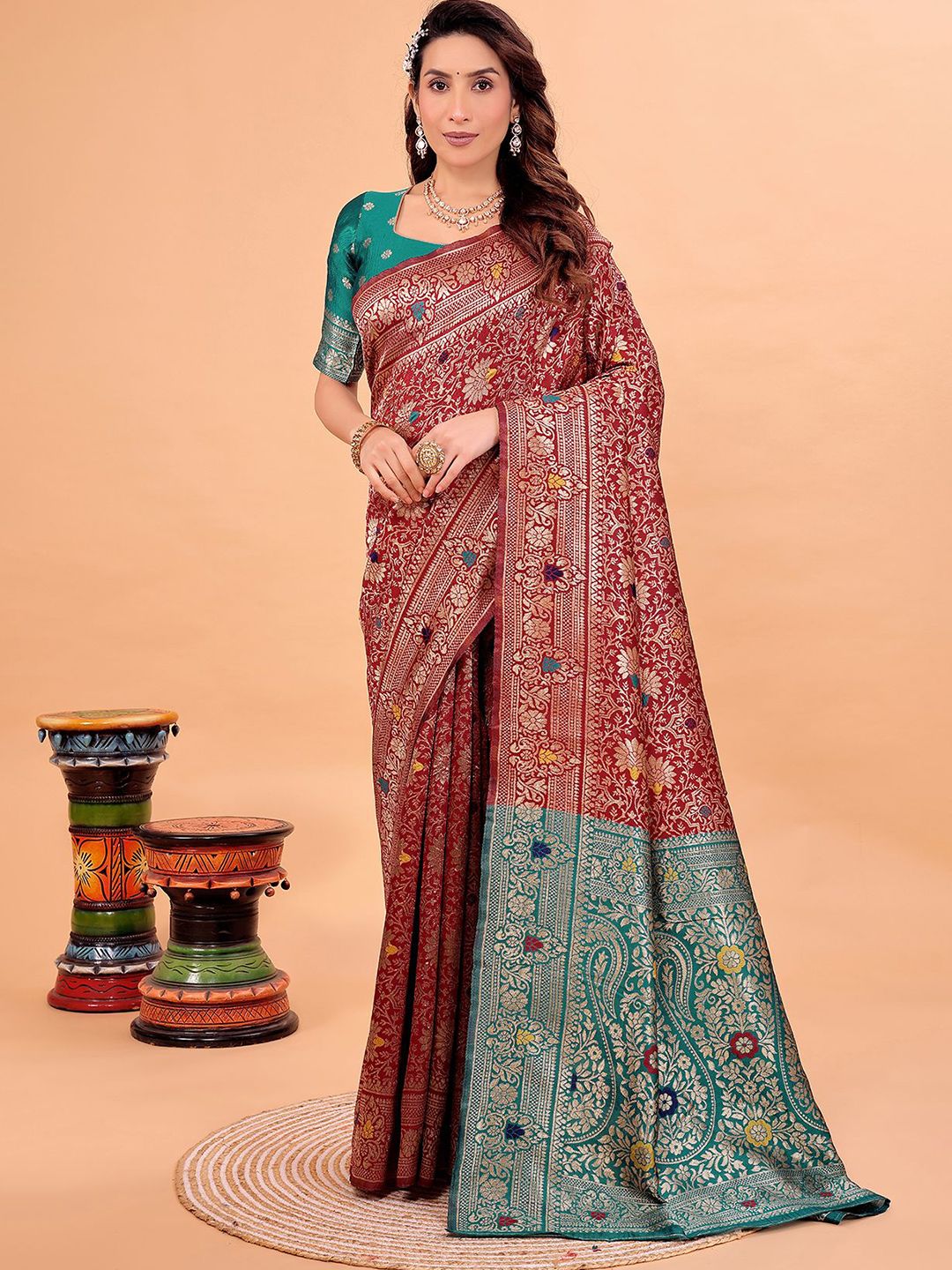 KALINI Woven Design Zari Kanjeevaram Saree With Blouse Piece-picture-19