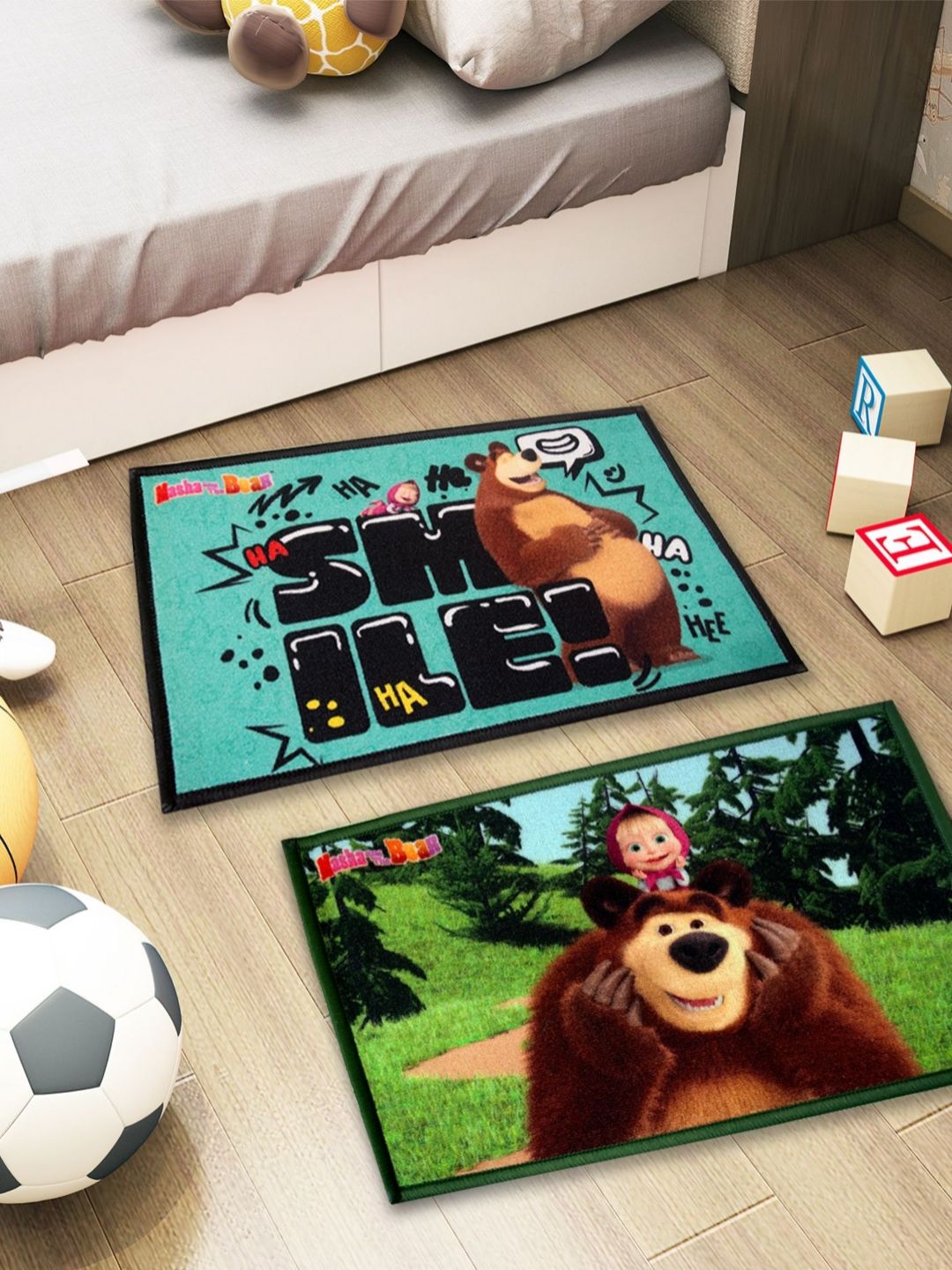 Athom Living 2-Pcs Black & Green Masha & Bear Printed Anti-Skid Doormat-picture-29