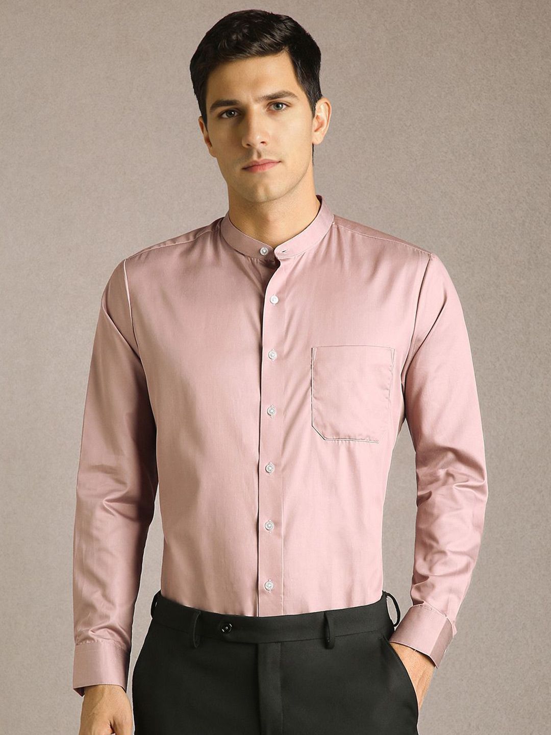 Louis Philippe Men Solid Band Collar Pure Cotton Formal Shirt-picture-27